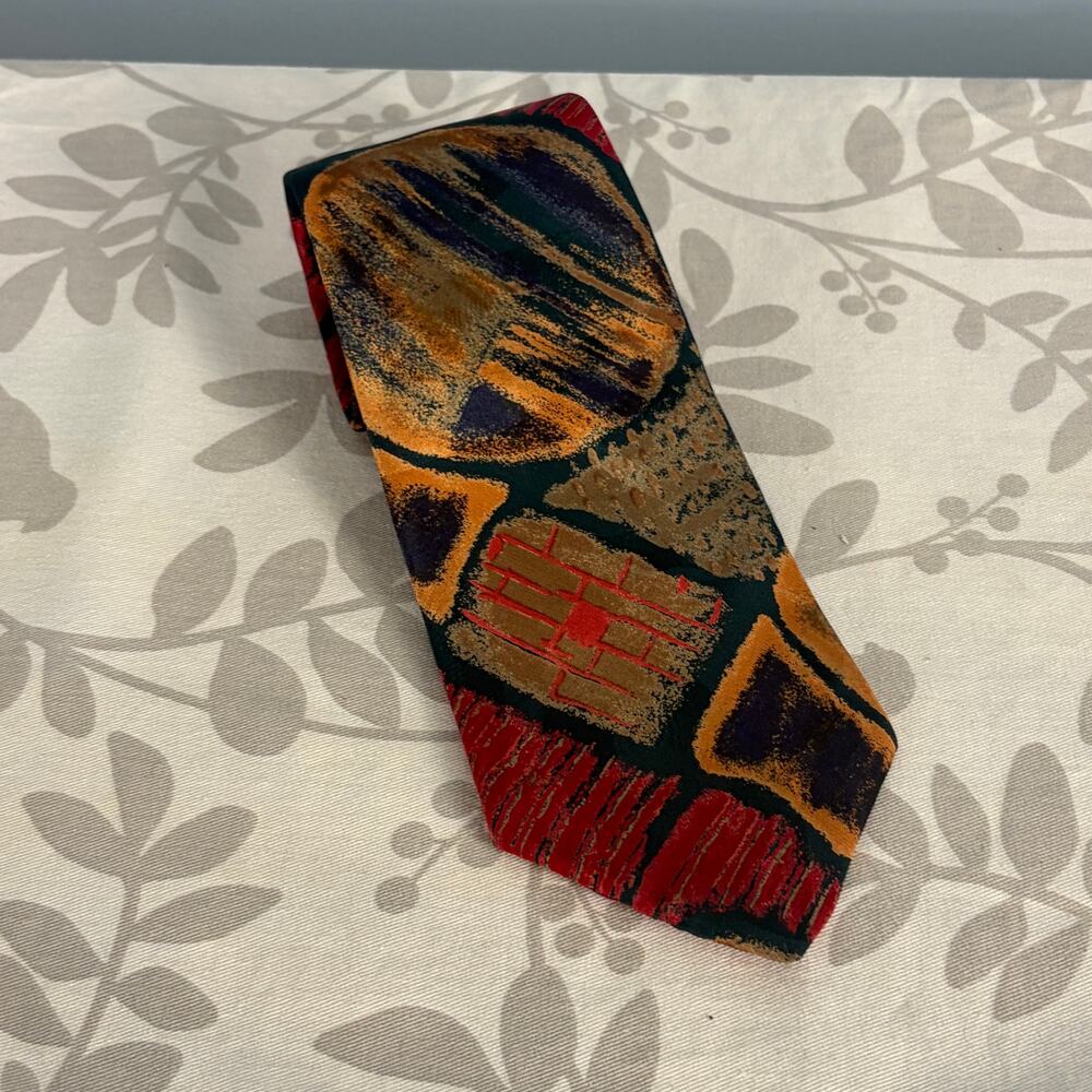 Vintage Steven-Windsor Abstract Geometric Tie Wash DC Virginia Red Green Gold